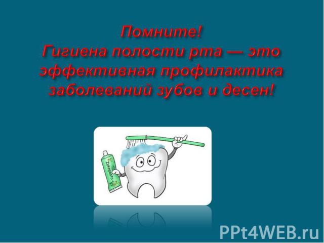 Помните! Гигиена полости рта — это эффективная профилактика заболеваний зубов и десен!