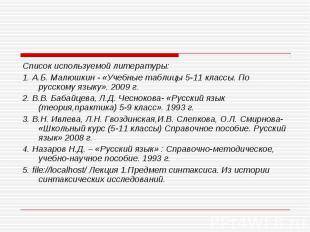 Список используемой литературы: 1. А.Б. Малюшкин - «Учебные таблицы 5-11 классы.
