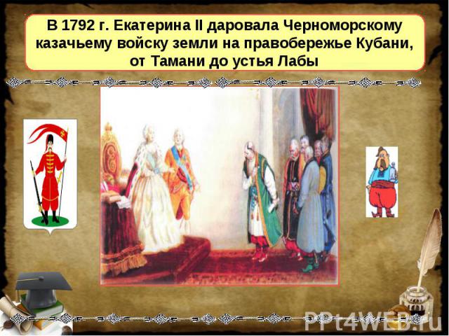 В 1792 г. Екатерина II даровала Черноморскому казачьему войску земли на правобережье Кубани, от Тамани до устья Лабы