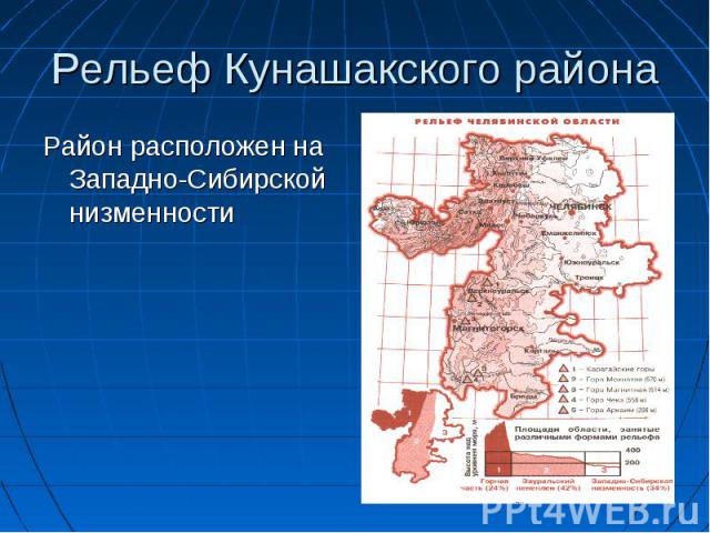 Рельеф Кунашакского района Район расположен на Западно-Сибирской низменности