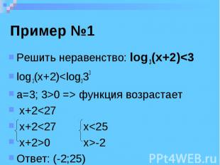 Пример №1 Решить неравенство: log 3(x+2) функция возрастает x+2