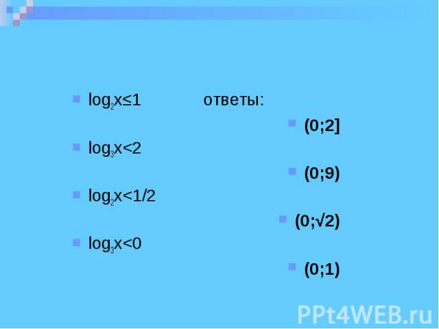 log2x≤1 ответы: (0;2] log3x