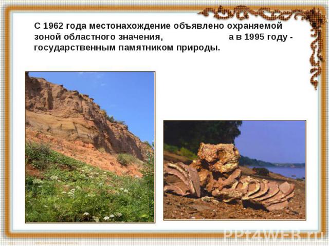 С 1962 года местонахождение объявлено охраняемой зоной областного значения, а в 1995 году - государственным памятником природы.
