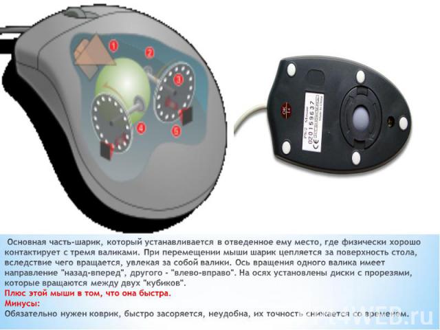 Основная часть-шарик, который устанавливается в отведенное ему место, где физически хорошо контактирует с тремя валиками. При перемещении мыши шарик цепляется за поверхность стола, вследствие чего вращается, увлекая за собой валики. Ось вращения одн…