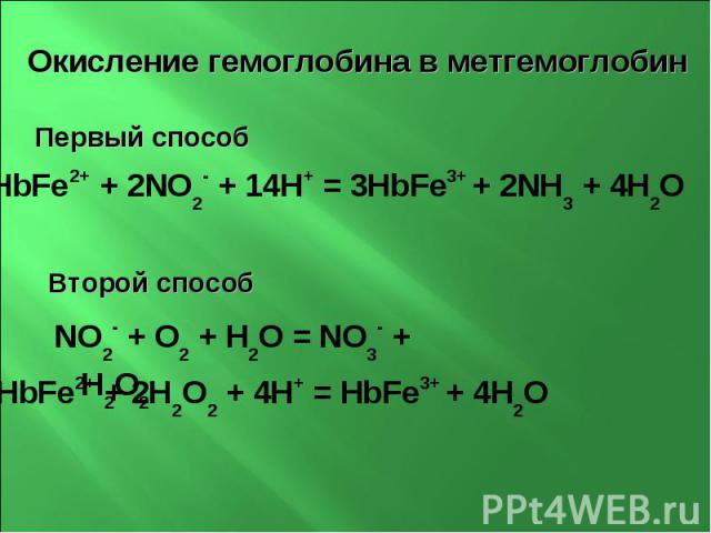 Окисление гемоглобина в метгемоглобин Первый способ 3HbFe2+ + 2NO2- + 14H+ = 3HbFe3+ + 2NH3 + 4H2O Второй способ NO2- + O2 + H2O = NO3- + H2O2 HbFe2+ + 2H2O2 + 4H+ = HbFe3+ + 4H2O