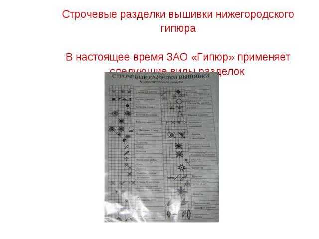 Строчевые разделки вышивки нижегородского гипюра В настоящее время ЗАО «Гипюр» применяет следующие виды разделок