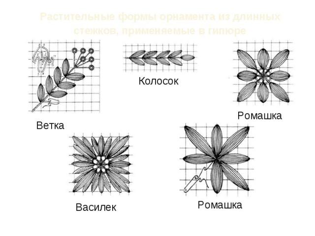 Растительные формы орнамента из длинных стежков, применяемые в гипюре Ветка Колосок Ромашка Василек Ромашка