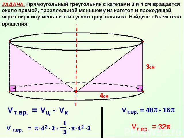 ЗАДАЧА. Прямоугольный треугольник с катетами 3 и 4 см вращается около прямой, параллельной меньшему из катетов и проходящей через вершину меньшего из углов треугольника. Найдите объем тела вращения.