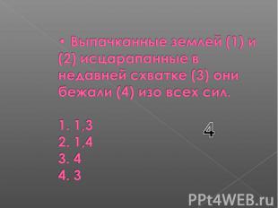 Выпачканные землей (1) и (2) исцарапанные в недавней схватке (3) они бежали (4)