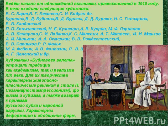 Ведёт начало от одноимённой выставки, организованной в 1910 году. В него входили следующие художники: В. С. Барт,В. Г. Бехтеев,С. И. Бодуэн-де-Куртинэ,В. Д. Бубнова,В. Д. Бурлюк, Д. Д. Бурлюк, Н. С. Гончарова, В. В. Кандинский П. П. Кончаловский, Н.…