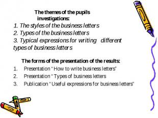 The themes of the pupils investigations: 1. The styles of the business letters 2