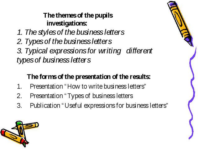 The themes of the pupils investigations: 1. The styles of the business letters 2. Types of the business letters 3. Typical expressions for writing different types of business letters The forms of the presentation of the results: Presentation “How to…