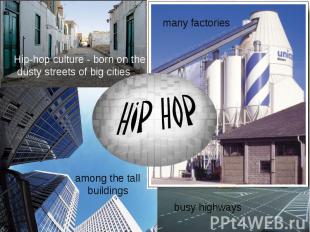 Hip-hop culture - born on the dusty streets of big cities many factories among t