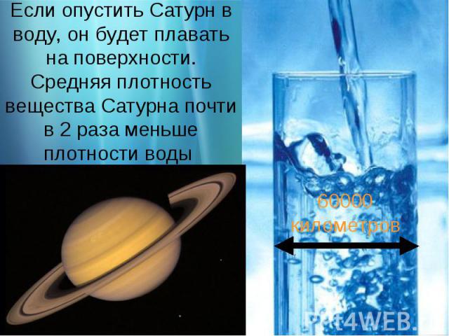 Если опустить Сатурн в воду, он будет плавать на поверхности. Средняя плотность вещества Сатурна почти в 2 раза меньше плотности воды