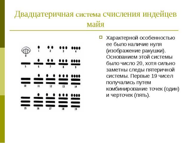 Двадцатеричная система счисления индейцев майя Характерной особенностью ее было наличие нуля (изображение ракушки). Основанием этой системы было число 20, хотя сильно заметны следы пятеричной системы. Первые 19 чисел получались путем комбинирование …