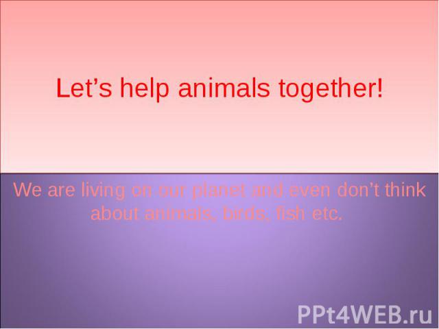 Let’s help animals together! We are living on our planet and even don’t think about animals, birds, fish etc.