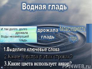 Водная гладь И так долго, долго дрожала Воды незамёрзшей гладь. 1.Выделите ключе