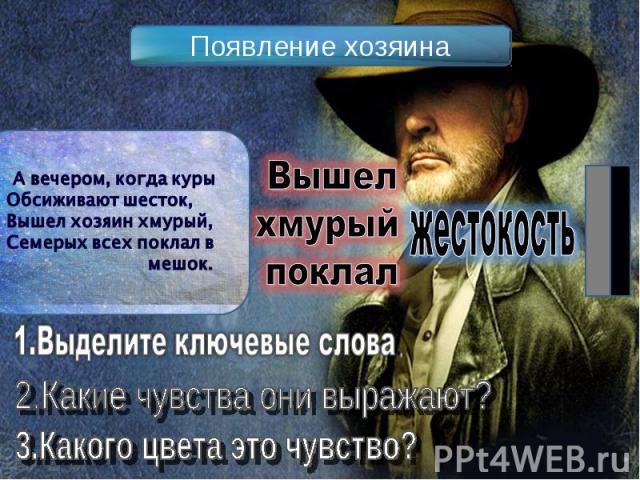 Появление хозяина Вышел хмурый поклал А вечером, когда куры Обсиживают шесток, Вышел хозяин хмурый, Семерых всех поклал в мешок. 1.Выделите ключевые слова. 2.Какие чувства они выражают? 3.Какого цвета это чувство?