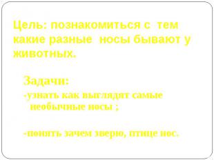 Цель: познакомиться с тем какие разные носы бывают у животных. Задачи: -узнать к