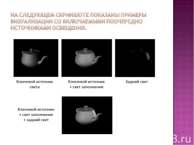 На следующем скриншоте показаны примеры визуализации со включаемыми поочередно источниками освещения.