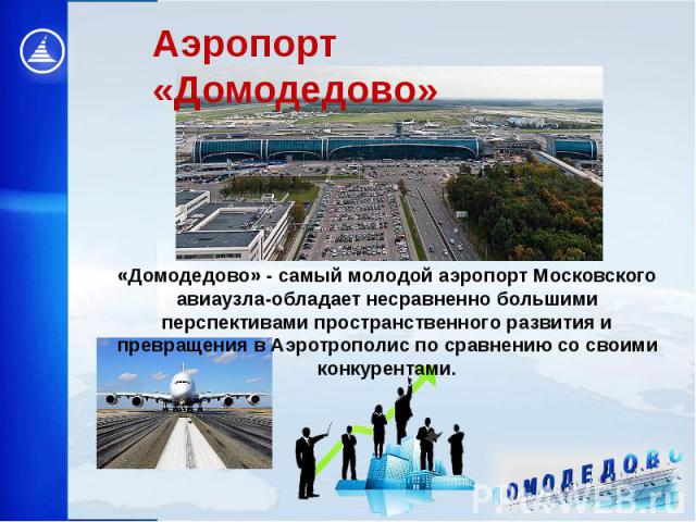 Аэропорт «Домодедово» «Домодедово» - самый молодой аэропорт Московского авиаузла-обладает несравненно большими перспективами пространственного развития и превращения в Аэротрополис по сравнению со своими конкурентами.