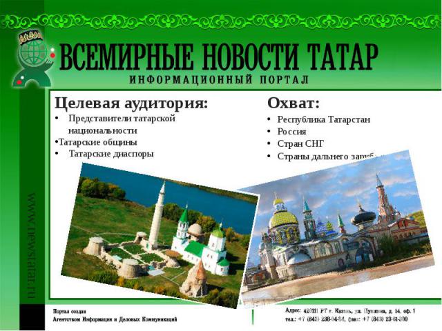 Целевая аудитория: Представители татарской национальности Татарские общины Татарские диаспоры