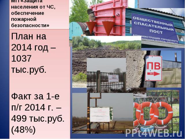 План на 2014 год – 1037 тыс.руб. План на 2014 год – 1037 тыс.руб. Факт за 1-е п/г 2014 г. – 499 тыс.руб. (48%)