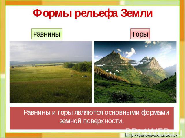 Формы рельефа Земли Равнины и горы являются основными формами земной поверхности.