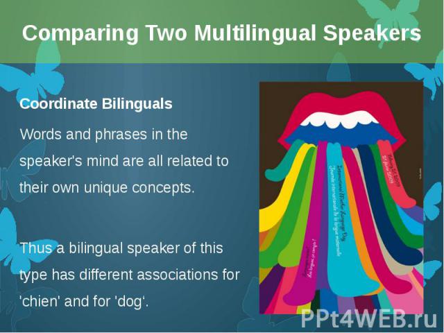 Coordinate Bilinguals Coordinate Bilinguals Words and phrases in the speaker's mind are all related to their own unique concepts. Thus a bilingual speaker of this type has different associations for 'chien' and for 'dog‘.