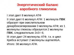 Энергетический баланс аэробного гликолиза I этап дает 8 молекул АТФ II этап дает