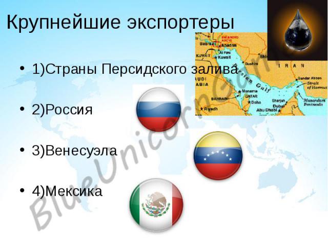 Крупнейшие экспортеры 1)Страны Персидского залива 2)Россия 3)Венесуэла 4)Мексика