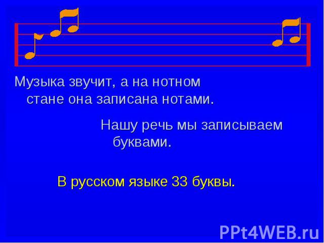 Музыка звучит, а на нотном стане она записана нотами.Нашу речь мы записываем буквами.В русском языке 33 буквы.