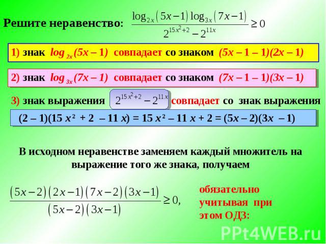 Решите неравенство:1) знак log 2х (5х – 1) совпадает со знаком (5х – 1 – 1)(2х – 1)2) знак log 3х (7х – 1) совпадает со знаком (7х – 1 – 1)(3х – 1) (2 – 1)(15 х 2 + 2 – 11 х) = 15 х 2 – 11 х + 2 = (5х – 2)(3х – 1) В исходном неравенстве заменяем каж…