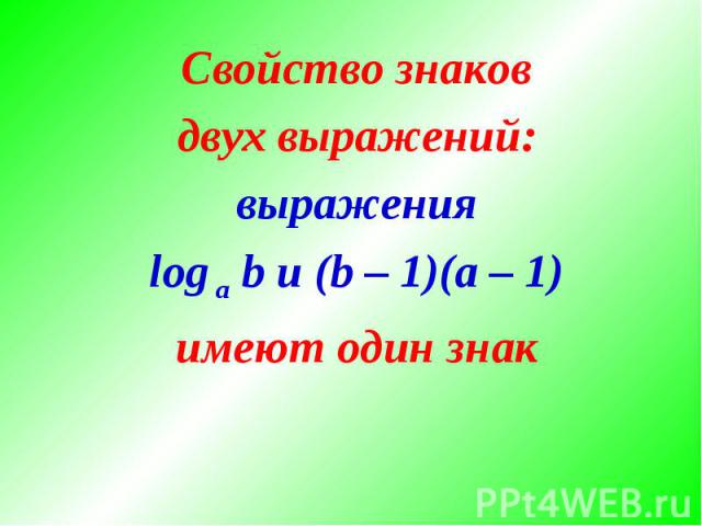 Свойство знаковдвух выражений:выраженияlog a b и (b – 1)(a – 1)имеют один знак
