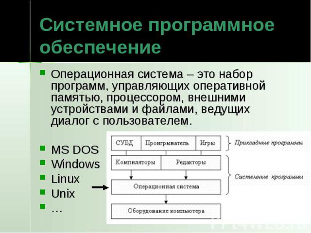 Системное программное обеспечение Операционная система – это набор программ, управляющих оперативной памятью, процессором, внешними устройствами и файлами, ведущих диалог с пользователем.MS DOSWindowsLinuxUnix…