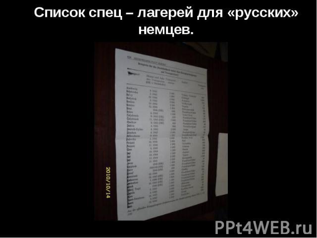 Список спец – лагерей для «русских» немцев.