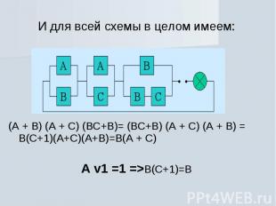 И для всей схемы в целом имеем: (А + В) (А + С) (ВС+В)= (ВС+В) (А + С) (А + В) =