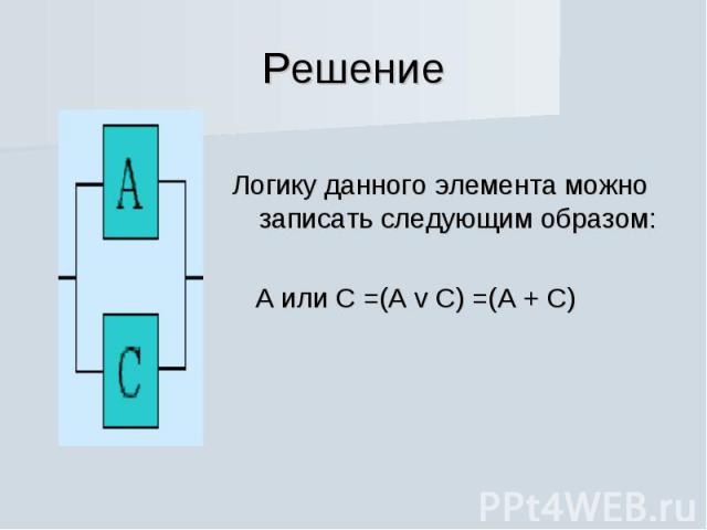 Решение Логику данного элемента можно записать следующим образом: А или С =(А v С) =(А + С)