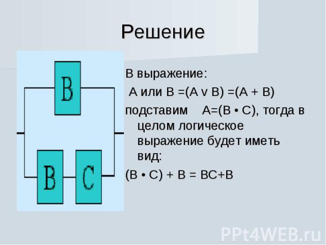 Решение В выражение: А или В =(А v B) =(А + В)подставим А=(В • С), тогда в целом логическое выражение будет иметь вид:(В • С) + В = ВС+В