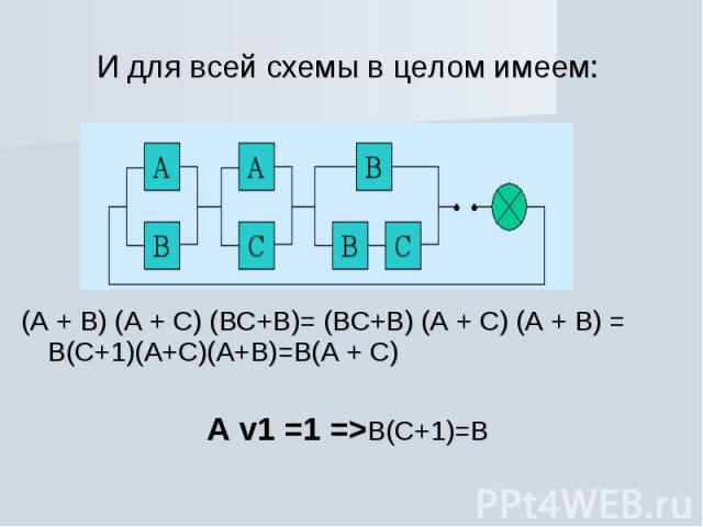 И для всей схемы в целом имеем: (А + В) (А + С) (ВС+В)= (ВС+В) (А + С) (А + В) = В(С+1)(А+С)(А+В)=В(А + С)А v1 =1 =>В(С+1)=В