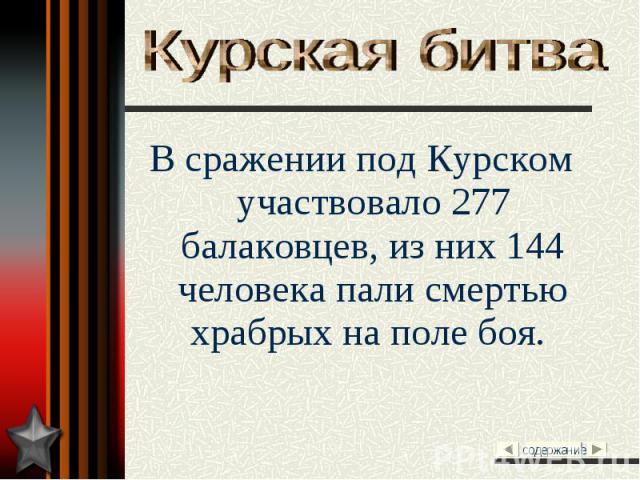 Курская битва В сражении под Курском участвовало 277 балаковцев, из них 144 человека пали смертью храбрых на поле боя.