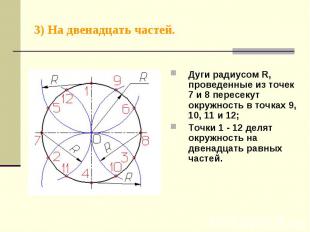 3) На двенадцать частей. Дуги радиусом R, проведенные из точек 7 и 8 пересекут о