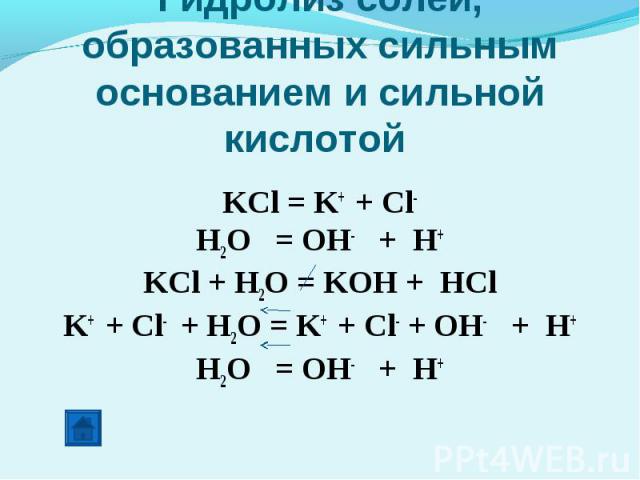 Гидролиз солей, образованных сильным основанием и сильной кислотой KCl = K+ + Cl-H2O = OH- + H+KCl + H2O = KOH + HClK+ + Cl- + H2O = K+ + Cl- + OH- + H+H2O = OH- + H+
