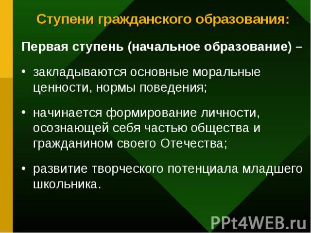 Ступени гражданского образования: Первая ступень (начальное образование) – закладываются основные моральные ценности, нормы поведения;начинается формирование личности, осознающей себя частью общества и гражданином своего Отечества;развитие творческо…