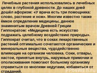 Лечебные растения использовались в лечебных целях в глубокой древности. До наших