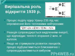 Вирішальна роль відкриття 1939 р. Процес поділу ядер Урану-235 під час опромінен