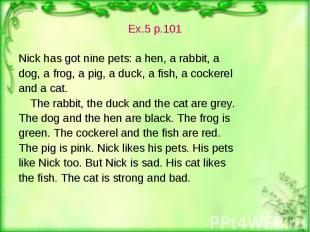 Ex.5 p.101 Ex.5 p.101 Nick has got nine pets: a hen, a rabbit, a dog, a frog, a