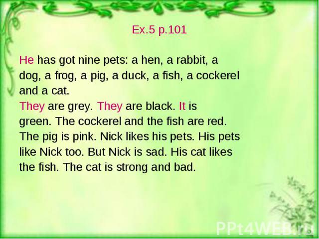 Ex.5 p.101 Ex.5 p.101 He has got nine pets: a hen, a rabbit, a dog, a frog, a pig, a duck, a fish, a cockerel and a cat. They are grey. They are black. It is green. The cockerel and the fish are red. The pig is pink. Nick likes his pets. His pets li…