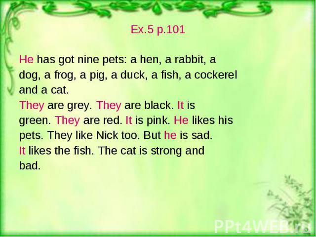 Ex.5 p.101 Ex.5 p.101 He has got nine pets: a hen, a rabbit, a dog, a frog, a pig, a duck, a fish, a cockerel and a cat. They are grey. They are black. It is green. They are red. It is pink. He likes his pets. They like Nick too. But he is sad. It l…