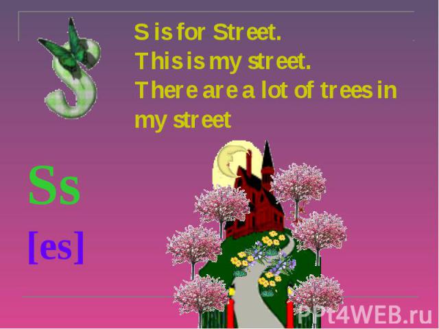S is for Street. This is my street. There are a lot of trees in my street Ss [es]